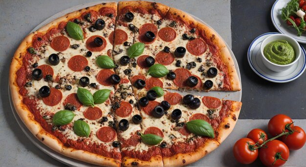 a pizza with olives and olives is cut into slices