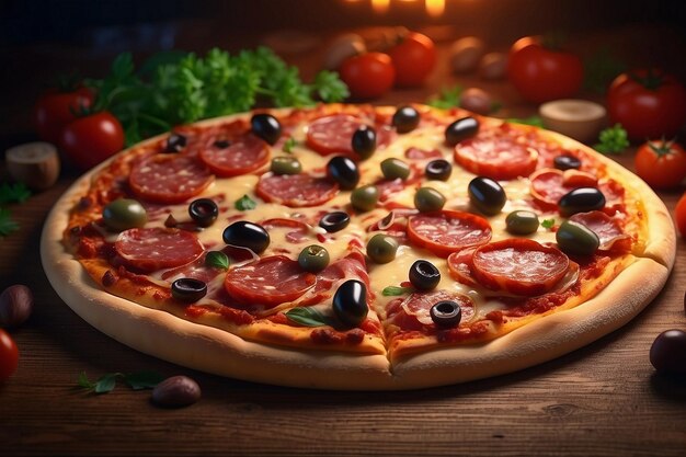 a pizza with olives and olives is on a wooden table