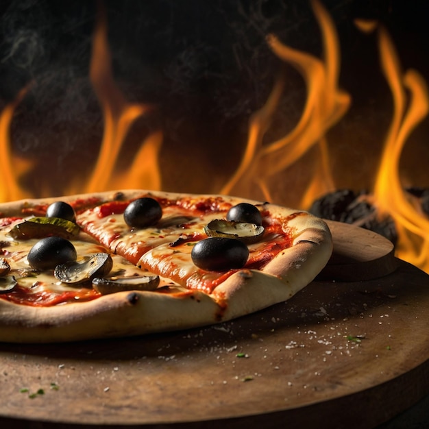 a pizza with olives and olives sits on a wooden tray