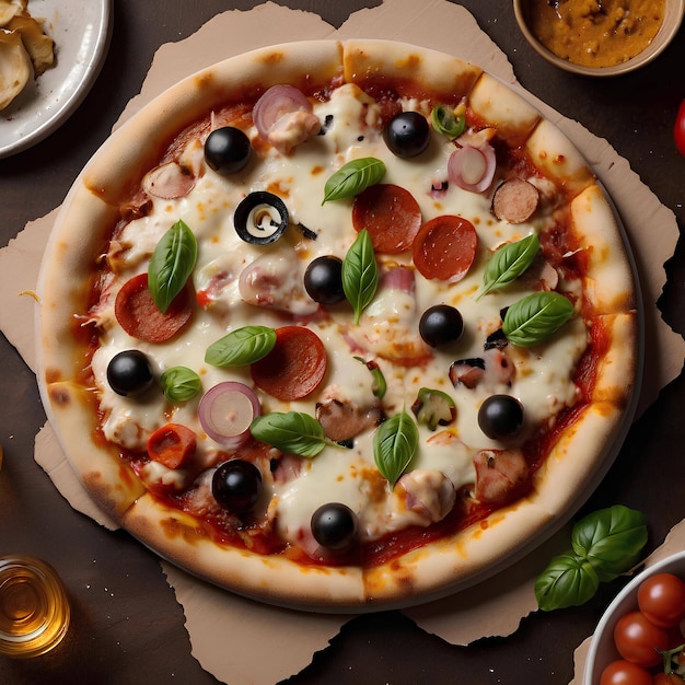 a pizza with olives and olives on a table