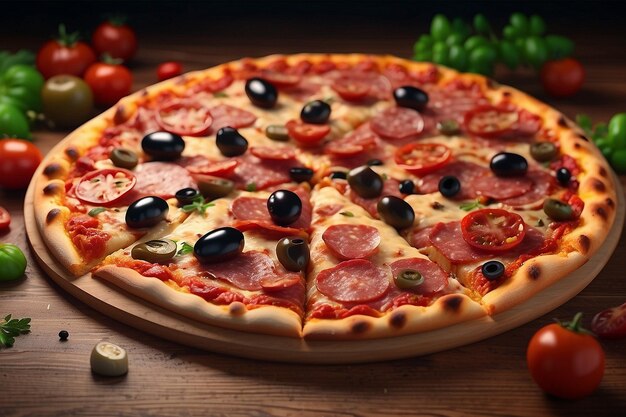 a pizza with olives and olives on a wooden table