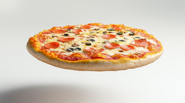 Photo a pizza with olives and pepperoni on a white background