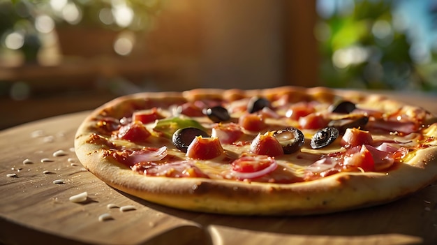 a pizza with olives and pepperoni on a wooden table