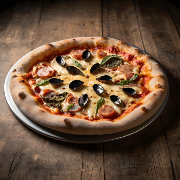 a pizza with olives and peppers on a plate