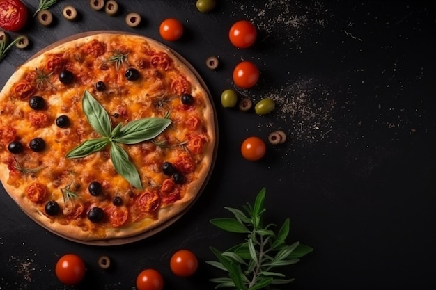 A pizza with olives and tomatoes on a black background.