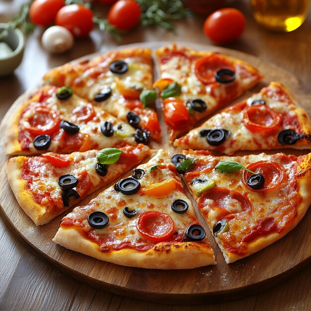 a pizza with olives tomatoes and olives on a wooden board