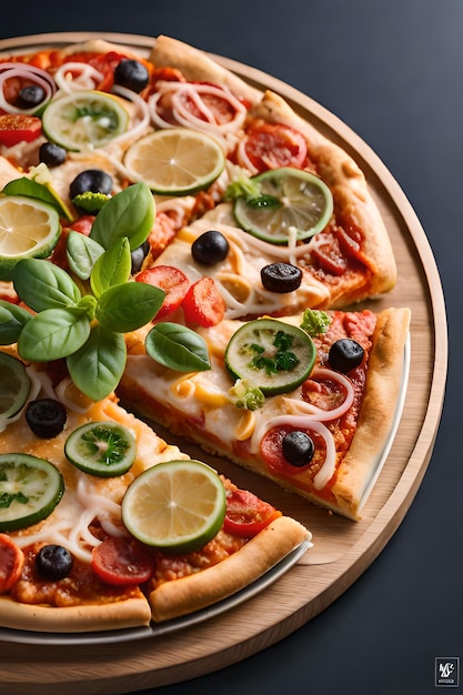 A pizza with olives, tomatoes, and olives on a wooden board