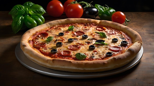 a pizza with olives and tomatoes on a table