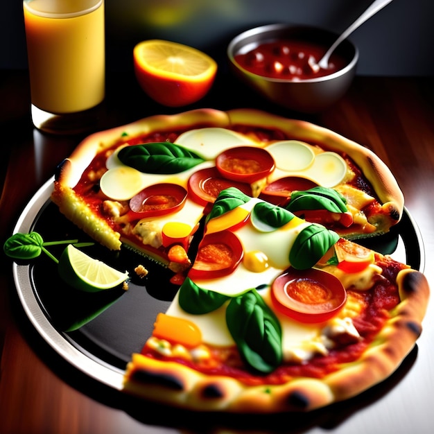 A pizza with pepperoni and basil on it and a glass of orange juice on the table.