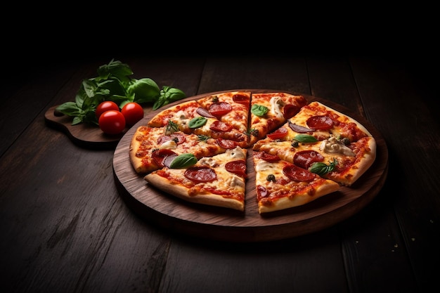 A pizza with pepperoni and basil on a wooden board.