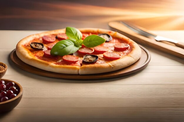 A pizza with pepperoni and basil on a wooden table.