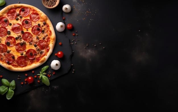 A pizza with pepperoni on a black background