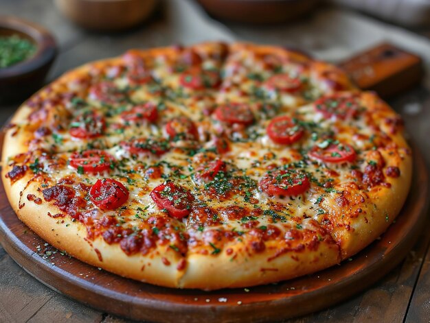 a pizza with pepperoni and cheese on it sits on a wooden table