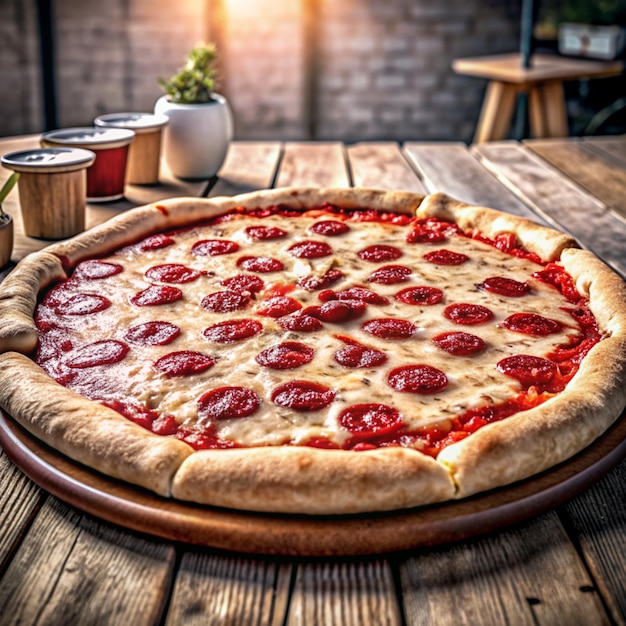 a pizza with pepperoni and cheese on a wooden table