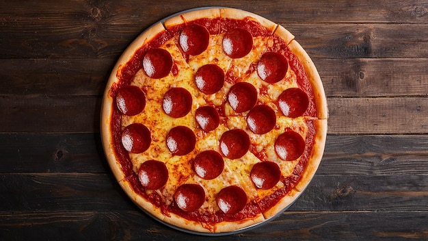 a pizza with pepperoni and cheese on a wooden table