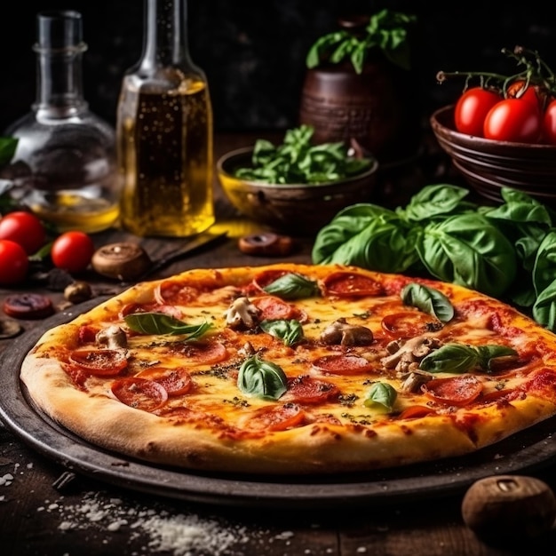 A pizza with pepperoni on it and basil on a table.