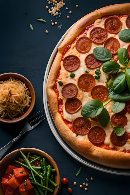 A pizza with pepperoni on it and a bowl of spaghetti on the side.