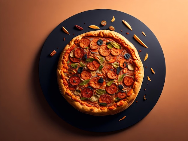 A pizza with pepperoni on it is on a plate.