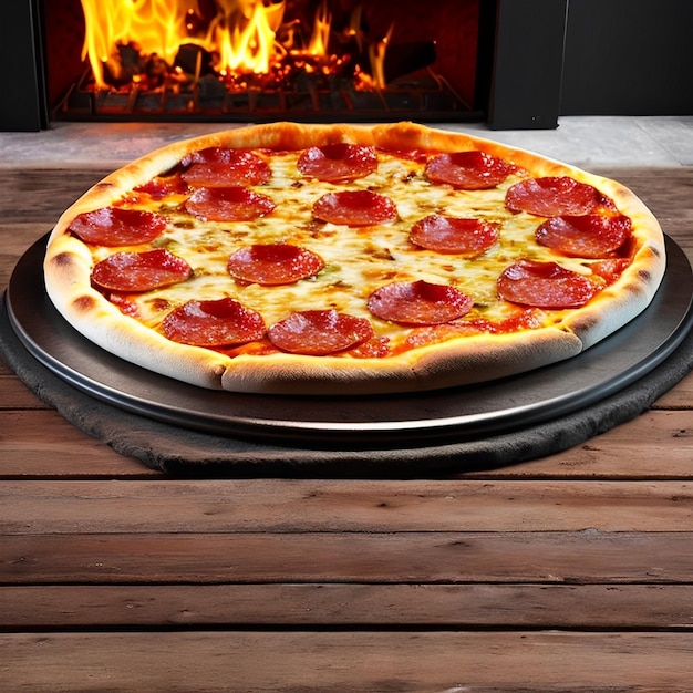 A pizza with pepperoni on it is on a table next to a fireplace.