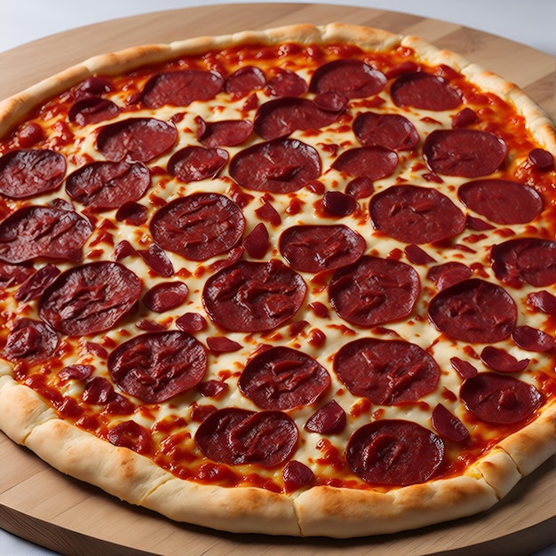 A pizza with pepperoni on it is on a wooden board.