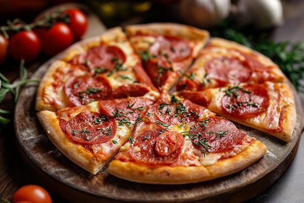 a pizza with pepperoni on it is on a wooden tray