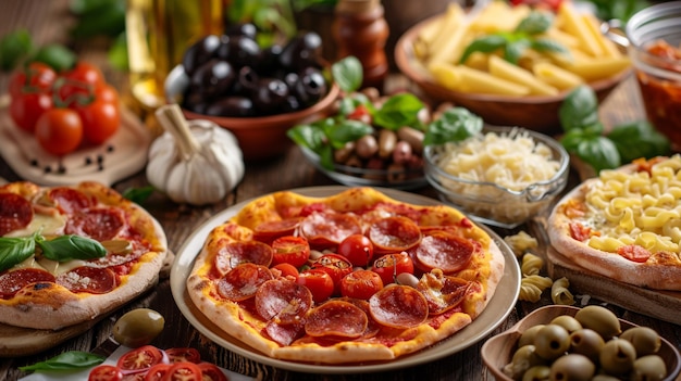 a pizza with pepperoni on it sits on a table with other foods