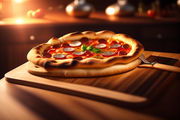 A pizza with pepperoni on it sits on a wooden board.