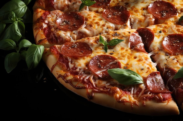 Pizza with pepperoni and other delectable toppings Tomatoes with basil on a dark concrete backgroun