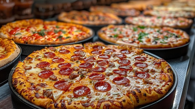 a pizza with pepperoni and other pizzas on display