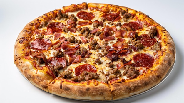 a pizza with pepperoni and sausage on it sits on a table