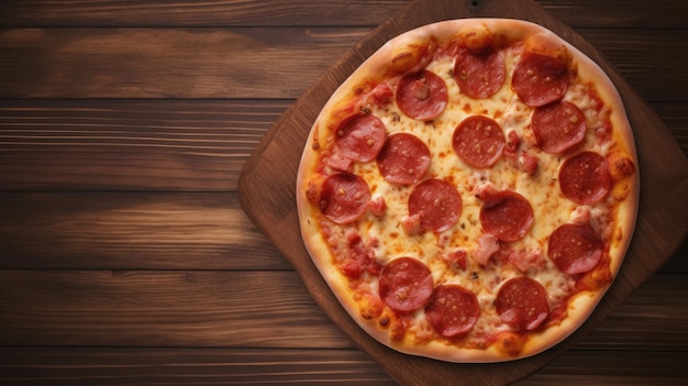 A pizza with pepperoni on top of a wooden table