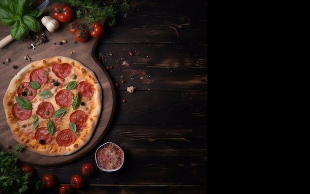 A pizza with pepperoni on a wooden table