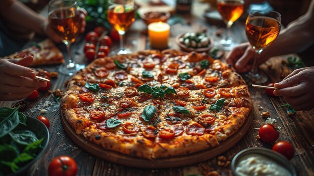 Photo a pizza with a persons hand on a table next to a candle