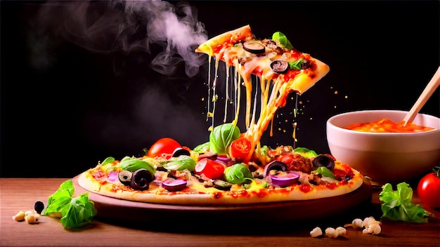 a pizza with a picture of a pizza with tomatoes and olives