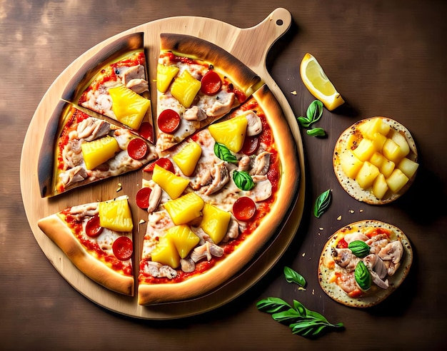 A pizza with pineapple on it next to a slice of pizza.