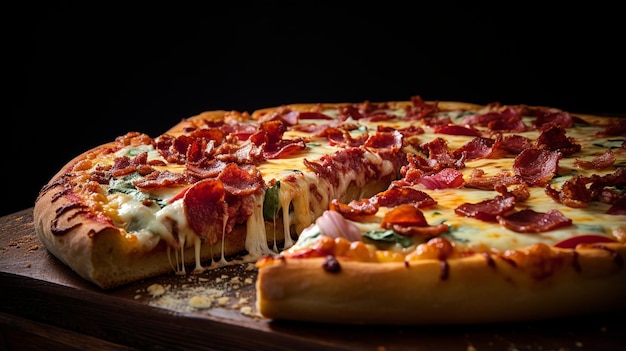 Pizza with salami and mozzarella on a black background