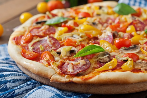 Pizza with salami, tomato, cheese and mushrooms