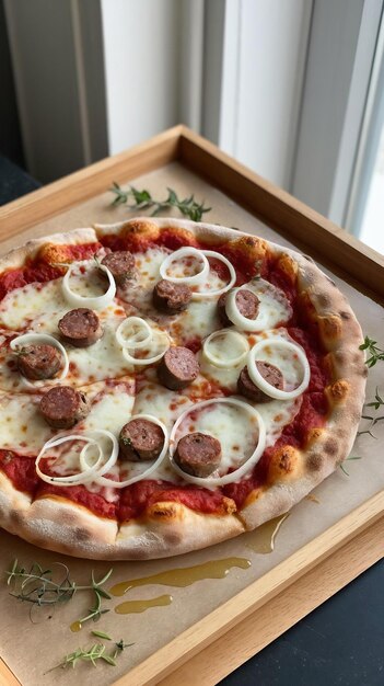 A pizza with sausage cheese and onions on a wooden tray