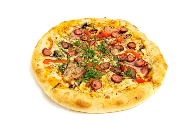 Pizza with sausage meat cheese basil and olives isolated on white background