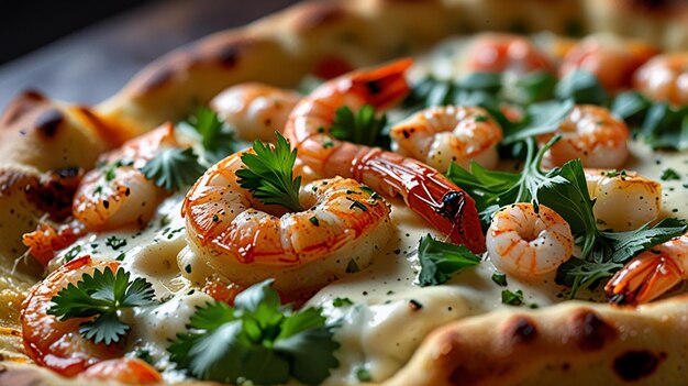 Photo a pizza with shrimp and shrimp on it is covered in cheese and sauce