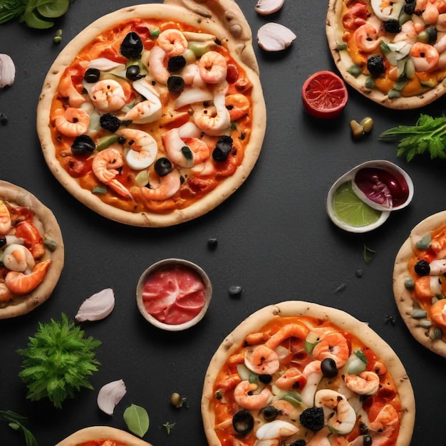 a pizza with shrimp shrimp and other ingredients on a black background