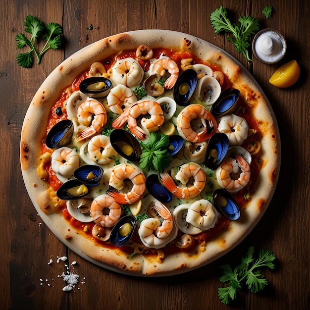 a pizza with shrimp shrimp and shrimp on it AI Generated