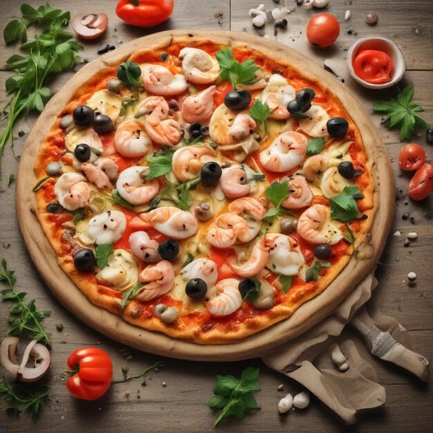 a pizza with shrimp tomatoes and basil on a wooden board