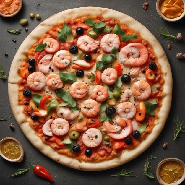 a pizza with shrimp tomatoes and other vegetables on it