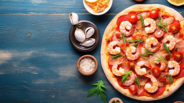 A pizza with shrimps and garlic on a blue table