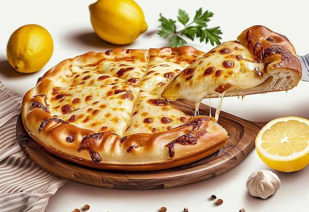 a pizza with a slice of cheese and some lemons on it