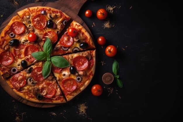 A pizza with a slice cut out of it and a few tomatoes on the side.