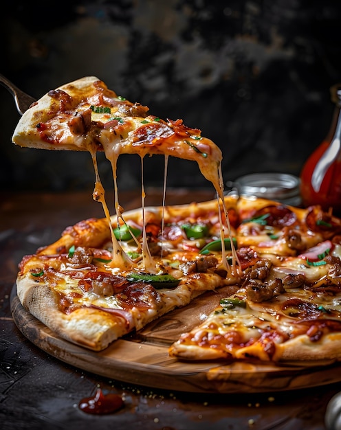 a pizza with a slice missing from it that has a fork stuck in it