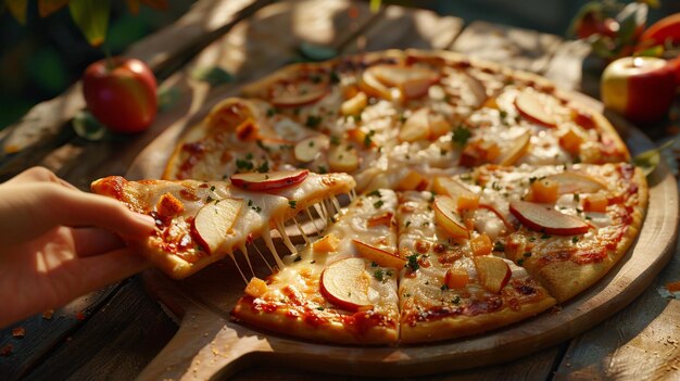 a pizza with a slice missing sits on a wooden tray