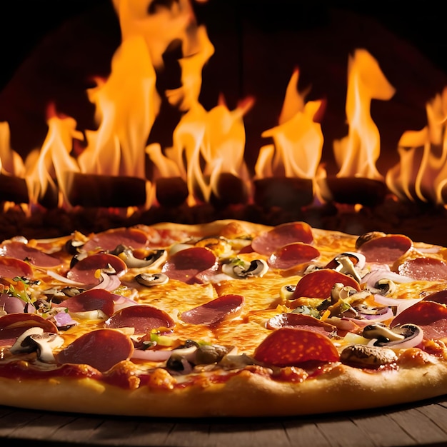 Photo pizza with smoke and fire effects in the background